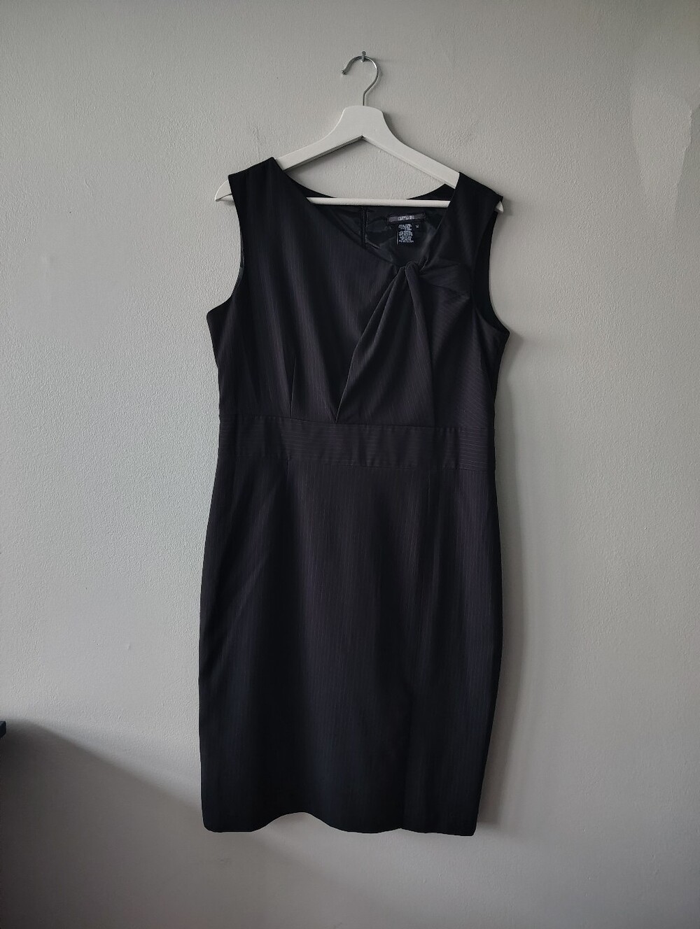 Chapter One Black Pinstripe Sleeveless Sheath Dress with Twist Detail